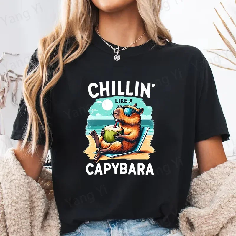Dolphin on Beach Vacation Printing T Shirt Men Women Kids T-Shirt Chillin Capybara Harajuku T-shirt Unisex Fashion Couple Tops