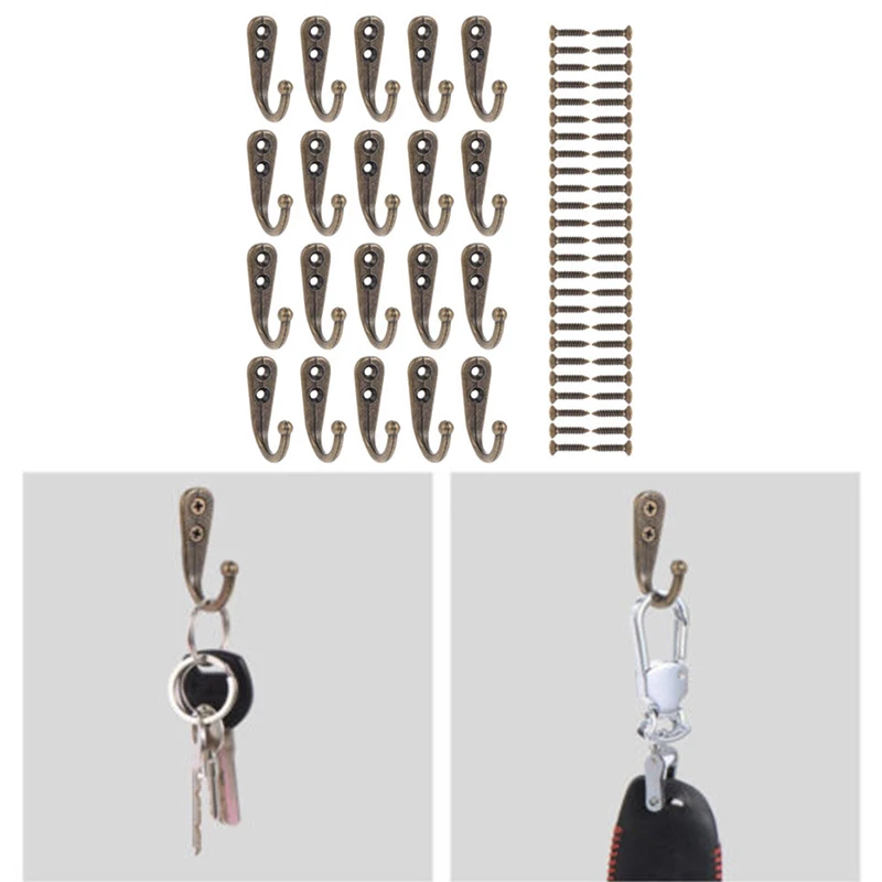Home Clothes Bathroom Bedroom Key Holder Hanging 20pcs Vintage Wall Mounted Kits Set Hook Single Robe Coat Hanger