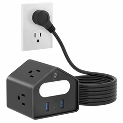 US Tower Power Outlet with 2 USB-A and 1 PD 18W USB-C, 1250W High Power with Night Light for Home Office and Dorm Room