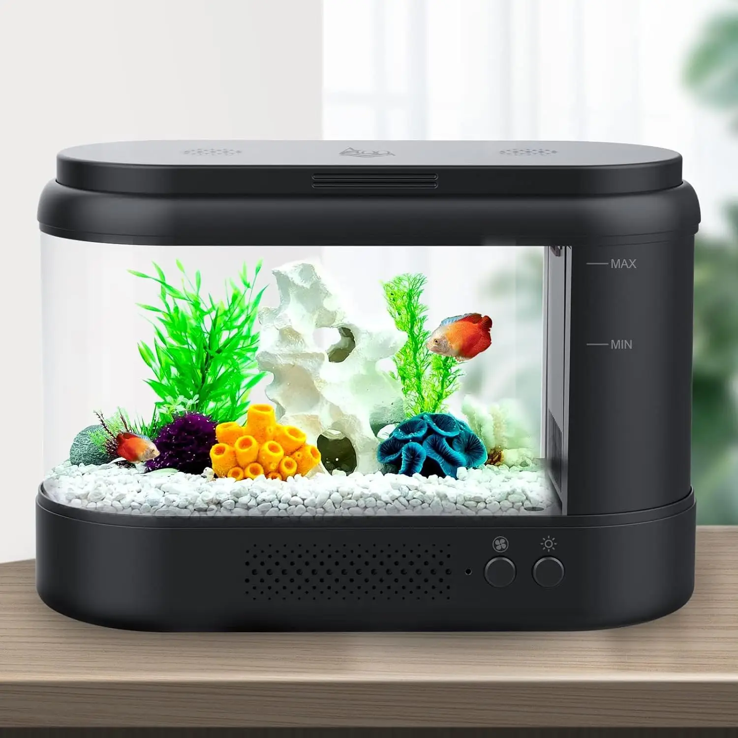 Aquarium Kit 1.8 Gallon Small Betta Fish Plastic Tank With Adjustable LED Lighting for Home Office (Black)
