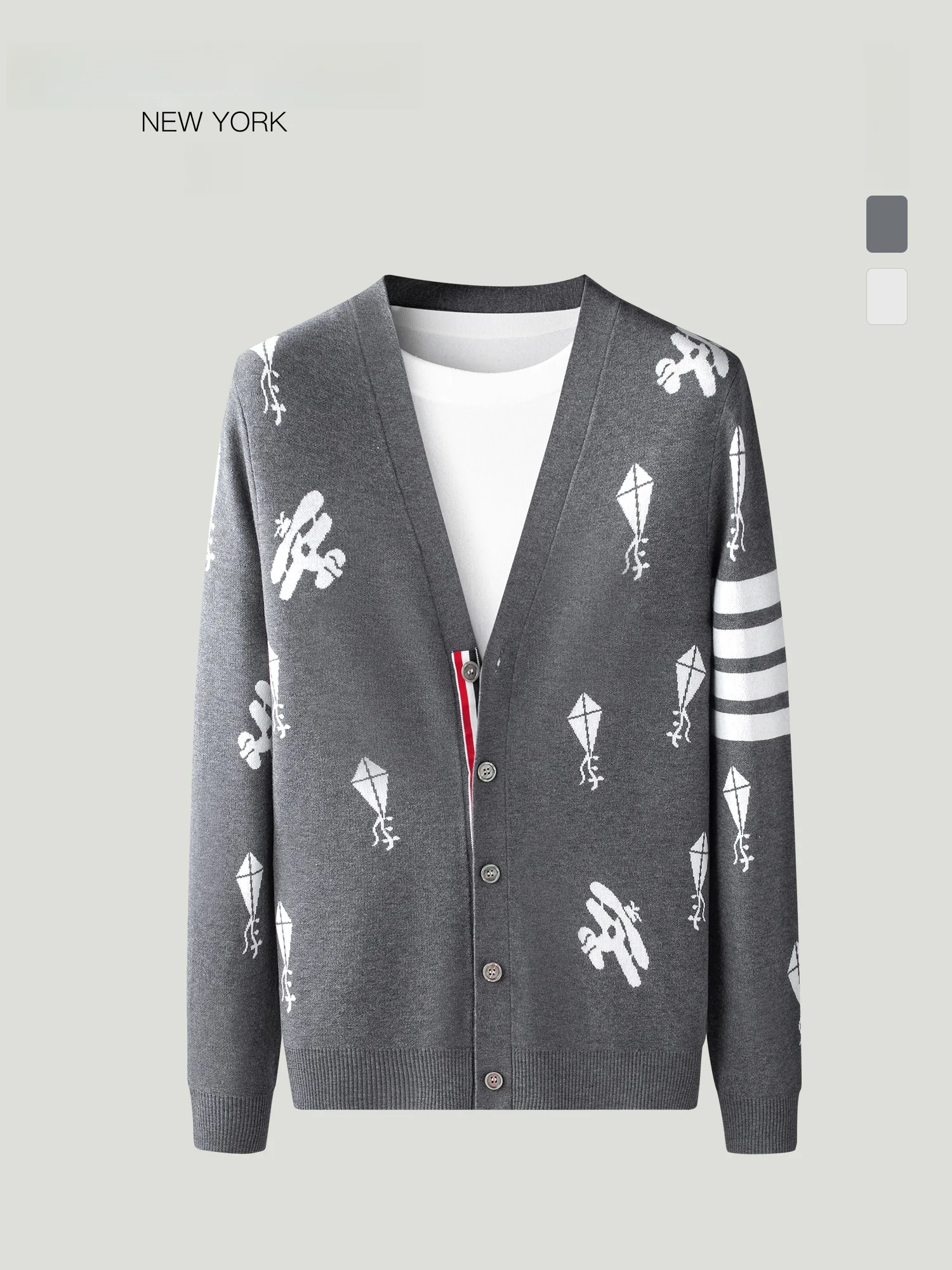 

Classic Striped Wool Knitwear V-Ne Men's Winter New Open Cardigan Coat THOM BEAUN Faionable Ethnic Sle round Sve