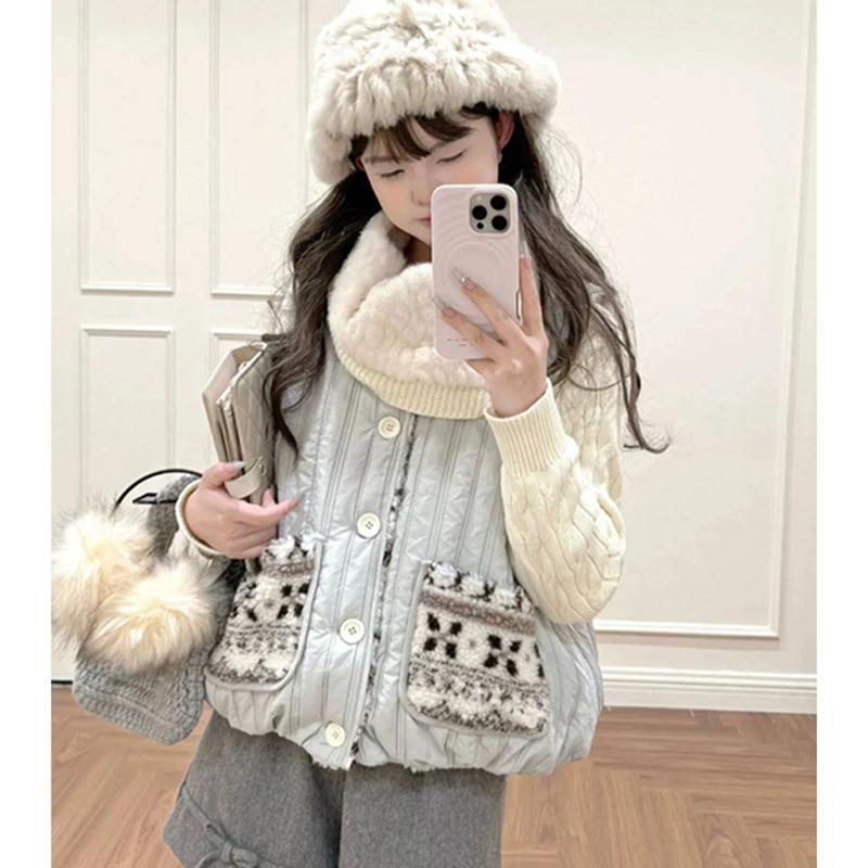 

MEXZT Vintage Lamb Wool Vest Women Harajuku Cute Print Fluffy Jacket Waistcoat Korean Sleeveless Furry Coat Winter Outerwears