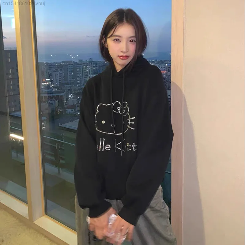 Sanrio Hello Kitty Rhinestone Hooded Sweatshirt 90s Fashion Clothes 2000s Aesthetic Korean Stylish Harajuku Black Hoodie Female