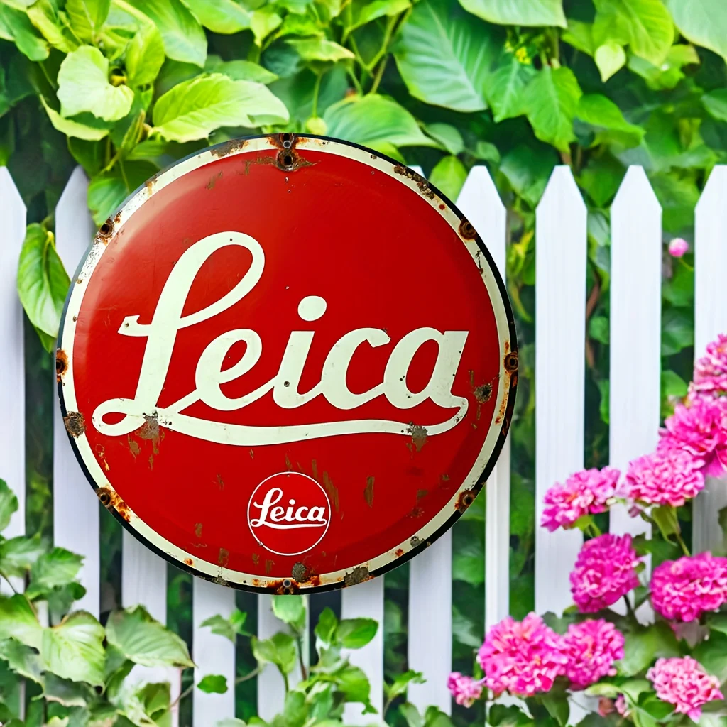 Leica Vintage Metallschild |   7,87" runde Aluminium-Wandkunst |   Retro-Design in Rot und Weiß |   Einfache Installation |   Vielseitiger Innen-/Außenbereich