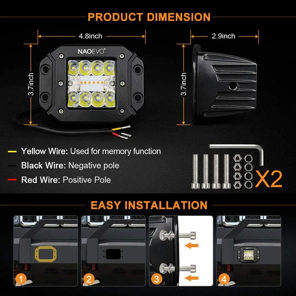 NAOEVO 5inch 70W Flush Mount LED Work Light Bar Drive Offroad Spot Beam LED Pods Driving Fog Light For Auto Truck Jeep SUV