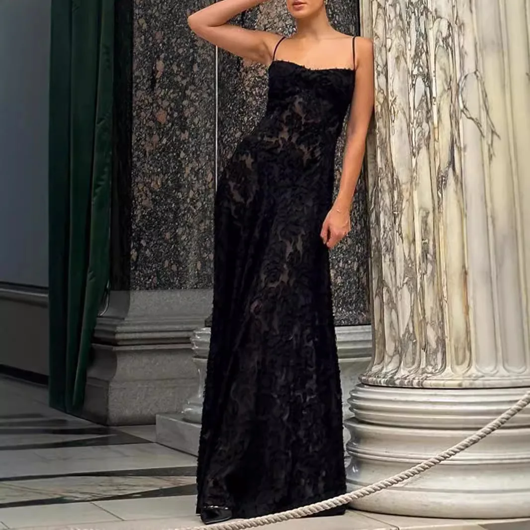 

Black perspective suspender sexy backless dress fashionable simple temperament elegant versatile high-end vacation style party d