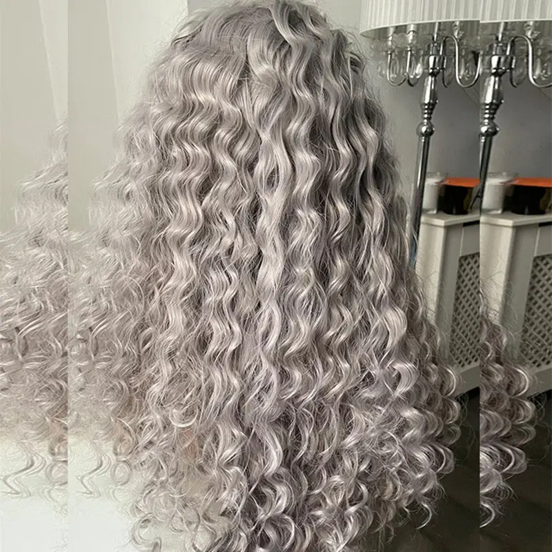 Bombshell Silver Grey Loose Curly Synthetic Lace Front Wigs Glueless High Quality Heat Resistant Fiber Hair For Fashion Women