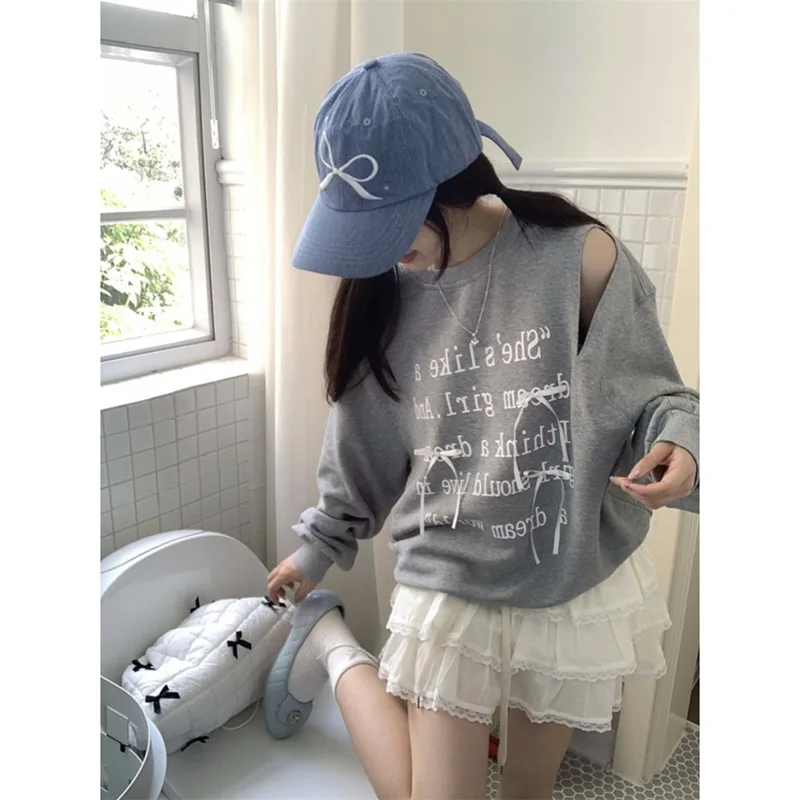 Korean Asymmetical Y2k Hole All Match Sweatshirts High Street American Letter Print Bow Lace Appliques Pullovers Lazy Clothes