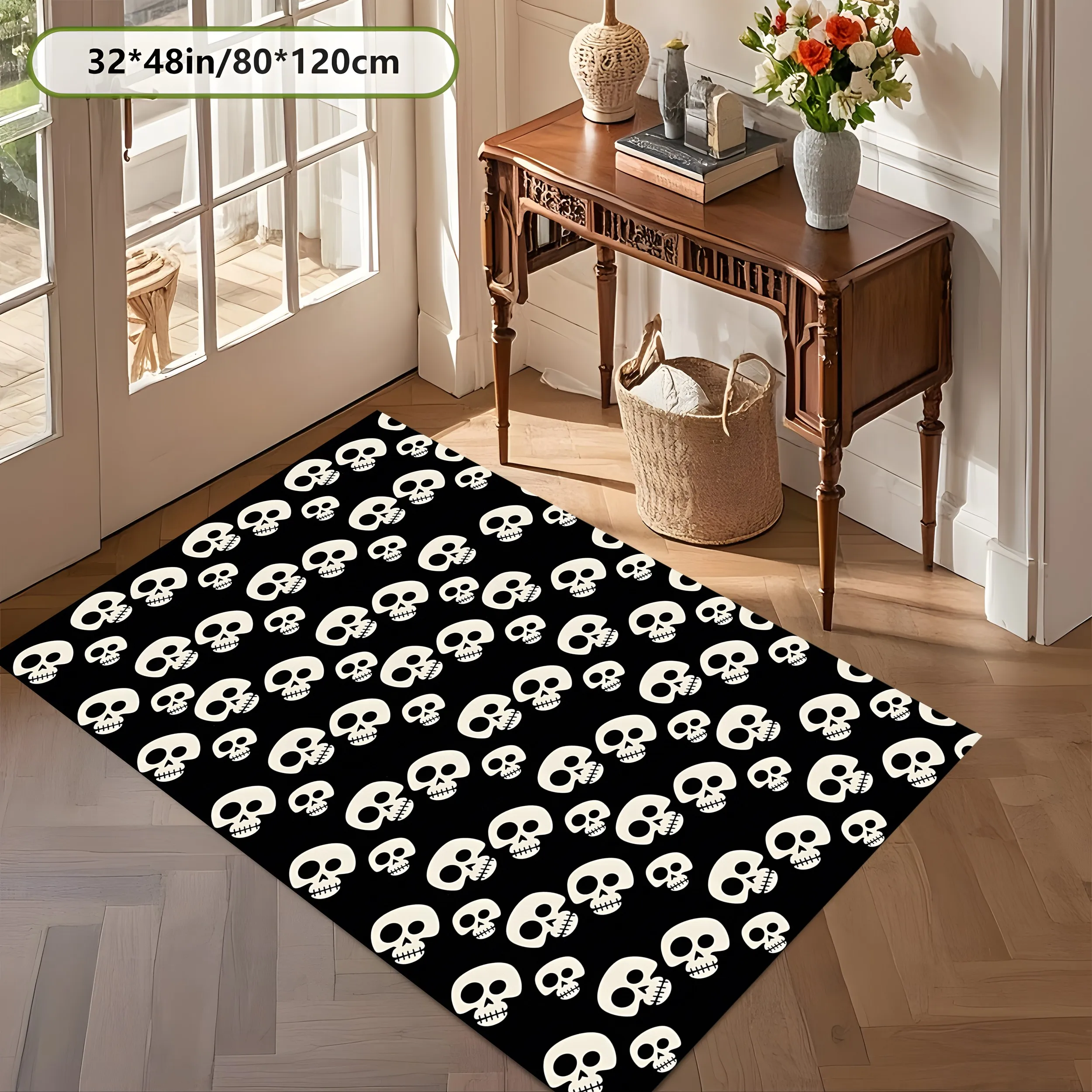 Cartoon Skull All-Over Print 2D Area Rug in Dark Quirky Style for Home, Halloween Party Decor