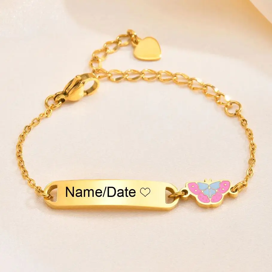 

Free Engraving Name Date Bracelet for Baby,Polished Butterfly Bracelet, Gold Color Rolo Chain Bracelets,Cute Custom Jewelry Gift