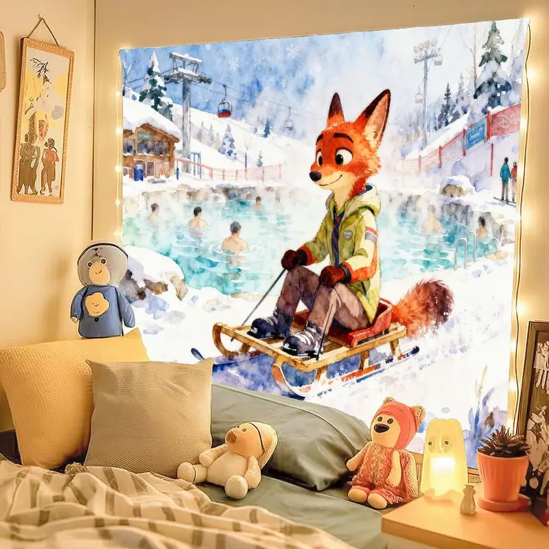 1개 귀여운 만화 여우 썰매 겨울 온천 태피스트리, 모던 수채화 폴리에스터 벽 장식 거실 침실 기숙사 장식용