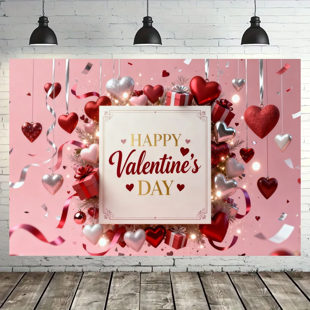 Happy Valentine's Day Photography Backdrop Red Pink Heart Balloon Ribbon Confetti Romantic Couple Party Photo Shoot Background