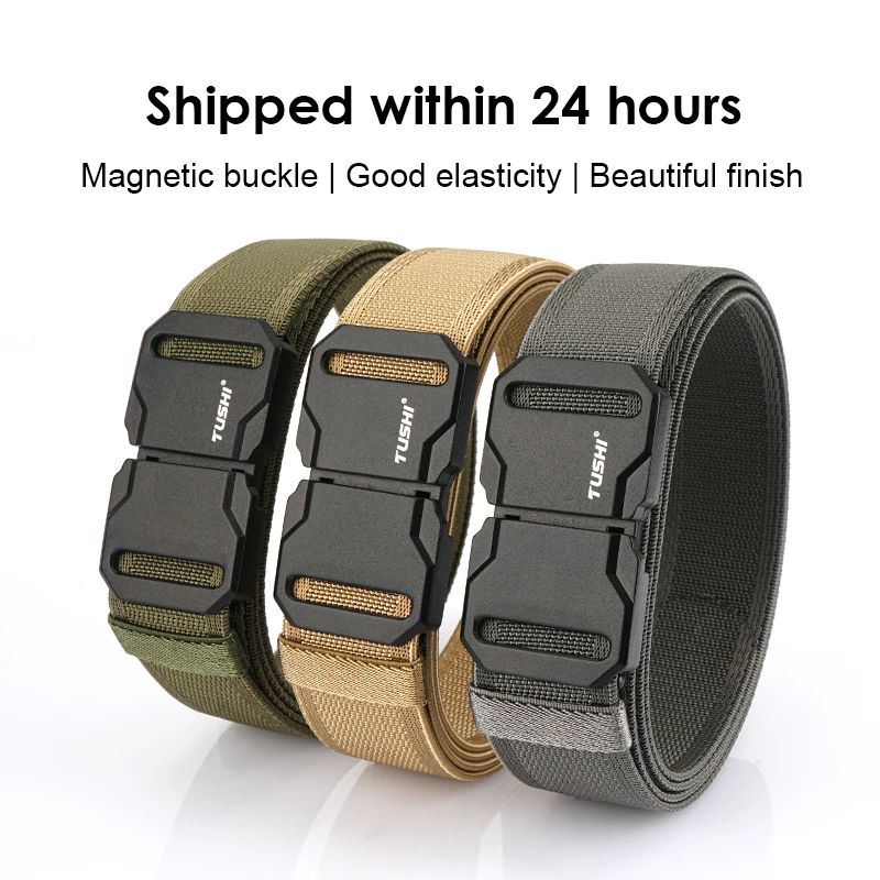 HSSEE 35mm Elastic Belt for Men Matte Metal Magnetic Quick Release Buckle Tactical Outdoor Belt Durable Nylon Stretch Strap