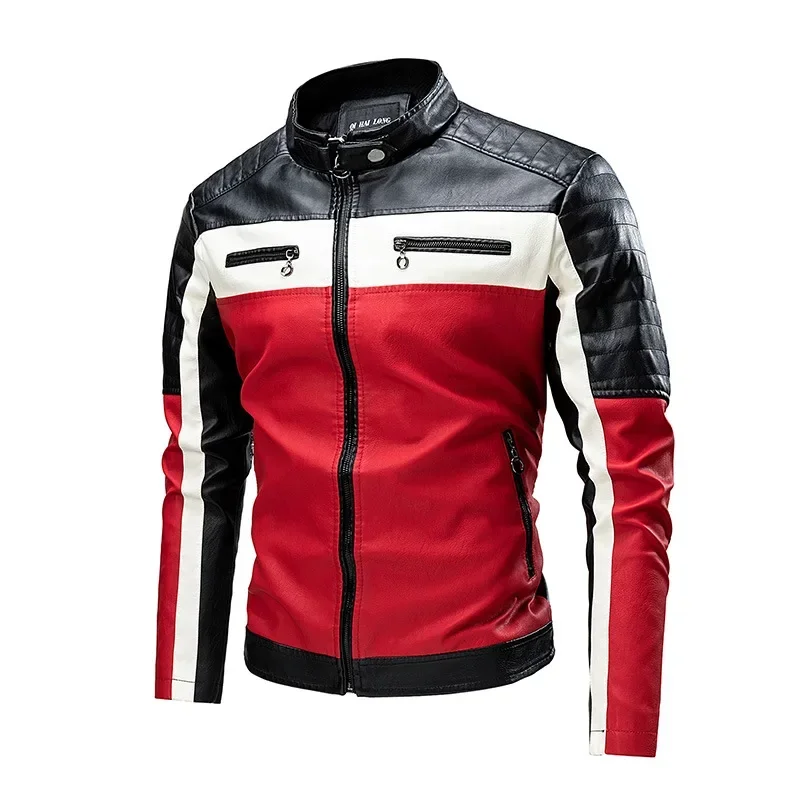 

Stand-up collar men's leather jacket color matching embroidery men's leather jacket racing clothes motorcycle clothes