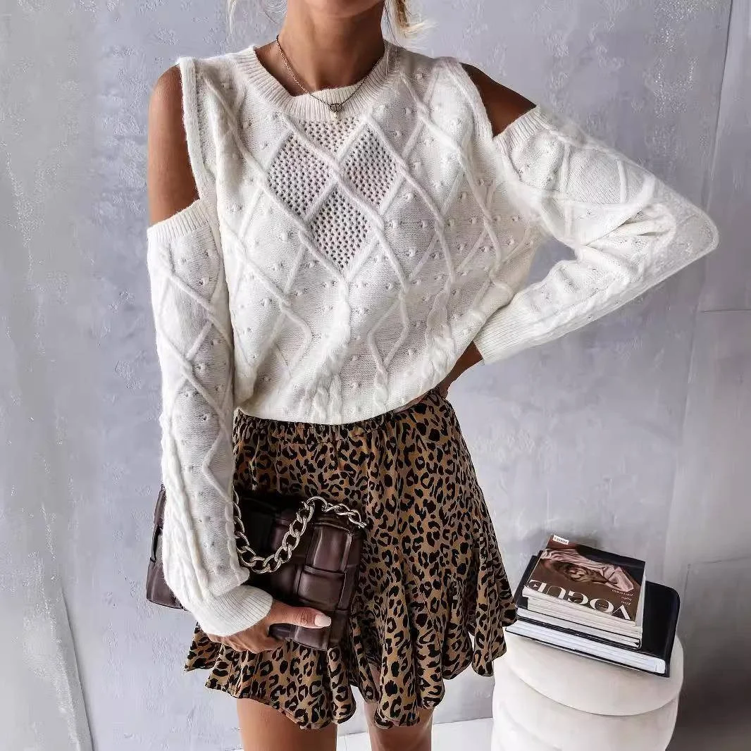 

Модный вязаный свитер с вырезом на плечах, персонализированный женский трикотаж Ele Sle Lantern Sve Overhead