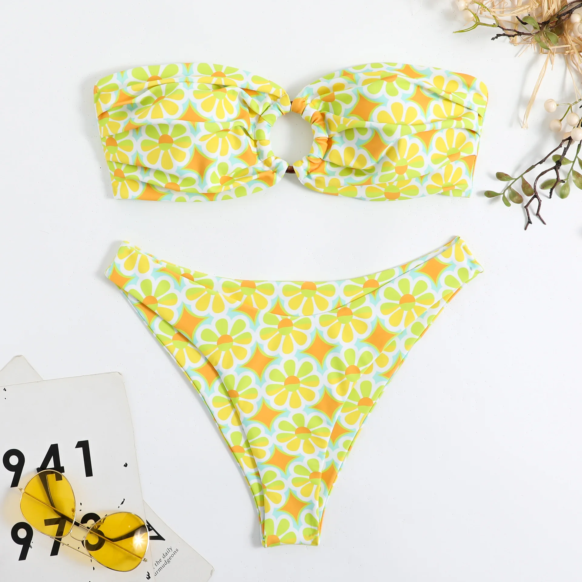 Frauen Blumen druck Bandeau Ring Bikini setzt zweiteilige Tanga Badeanzug Bade bekleidung Badeanzug Strand Outfits Biquini