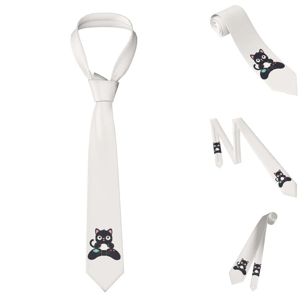 Gaming Cat Black Cat Playing Games Necktie for Men Silk Polyester 8 cm Neck Ties Wedding Accessories Tie Classic Gravatas