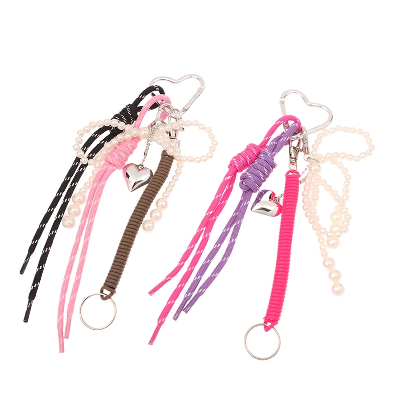 

Y2K Fashion Pearl Bow Love Bag Keychain Pendant Korean Charm Nylon Handmade Rope Keychain Sports Style Couple Gift Car Keyring