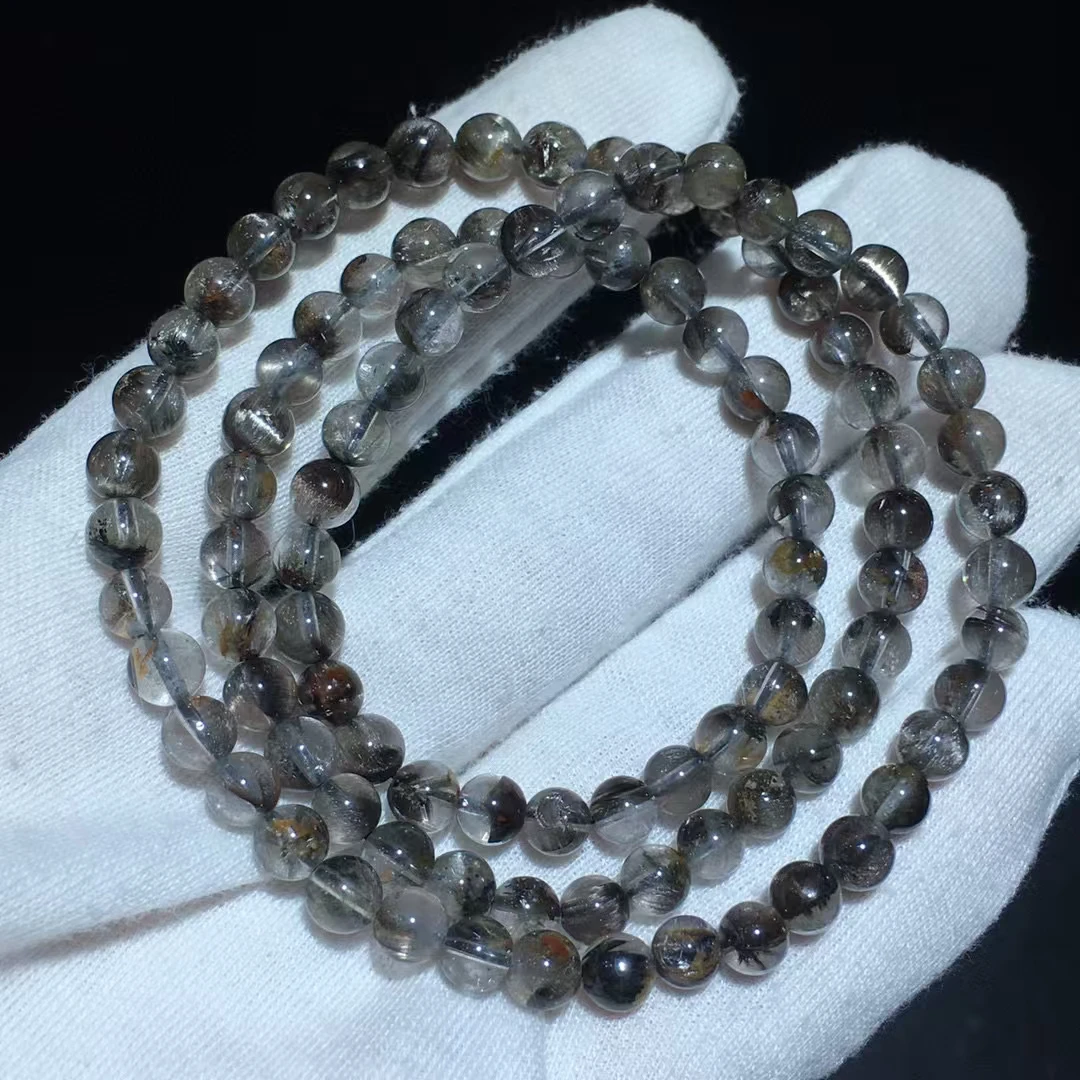 Natural Brookite Platinum Black Rutilated Quartz 3 Laps Bracelet 5.6mm Woman Man Round Beads Brookite Crystal Jewelry AAAAAA