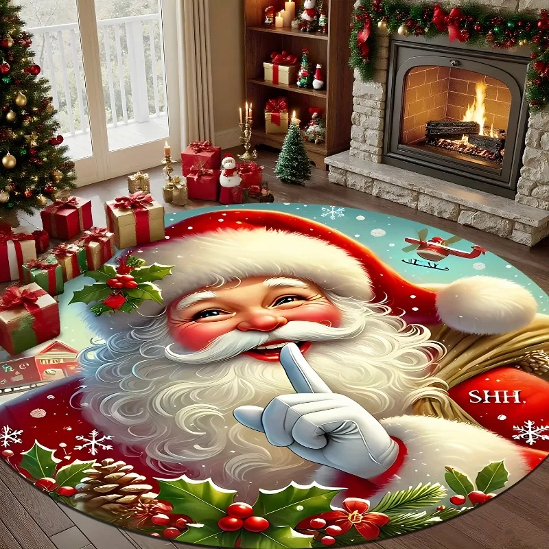 Santa Deer Round Rug vintage portrait santa claus reindeer snowing pine poinsettia art 80x80cm - view 3