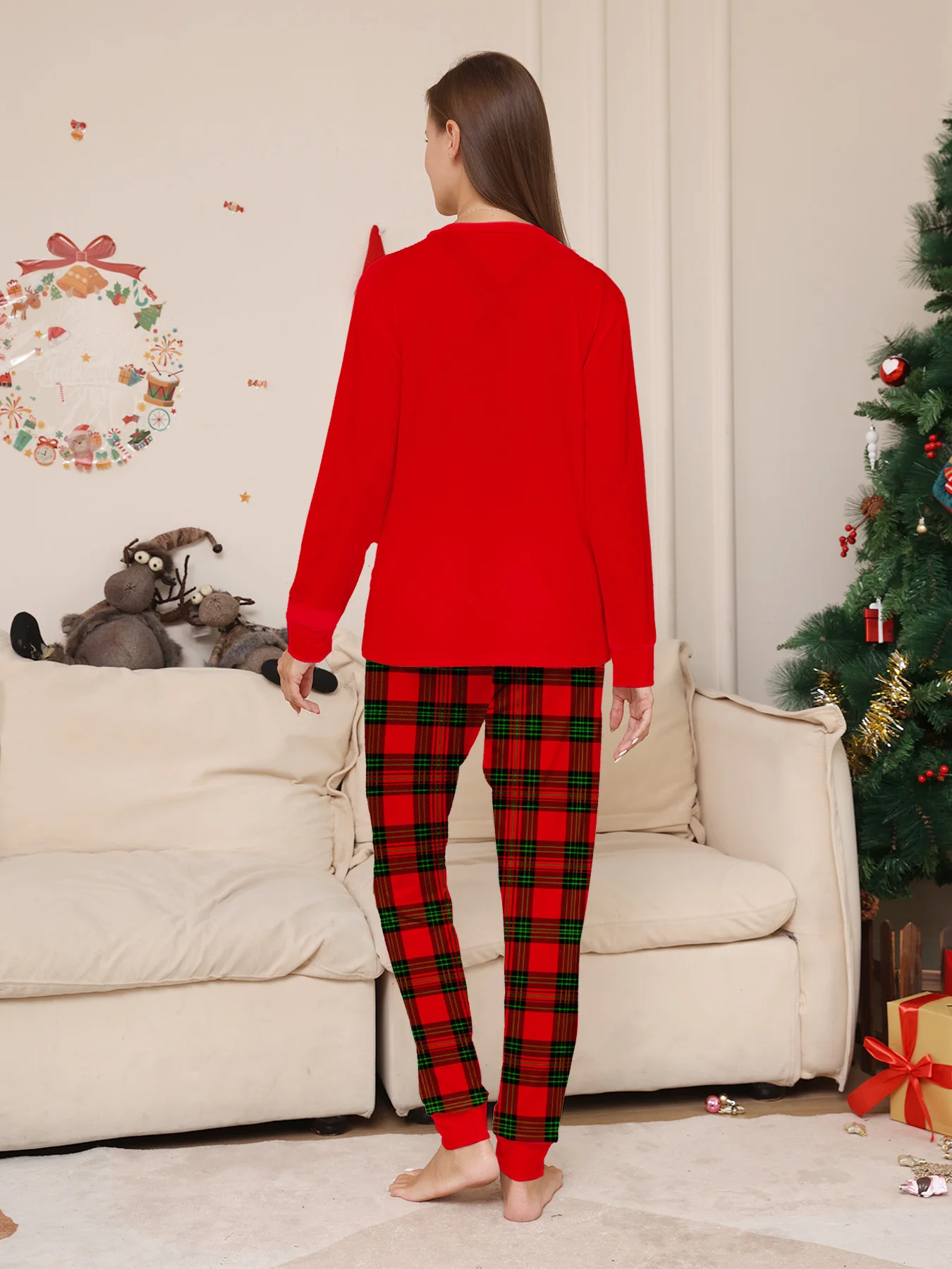 Family Christmas Pajamas Matching Parent-child Sleepwear Black Red Plaid Christmas Crew Print Xmas Gift Men Women Kids