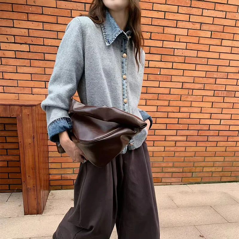 뉴 빈티지 데님 패치워크 라펠 스웨터 재킷 여성용 한국 스타일 루즈 니트 가디건 봄 가을 니트 스웨터 코트