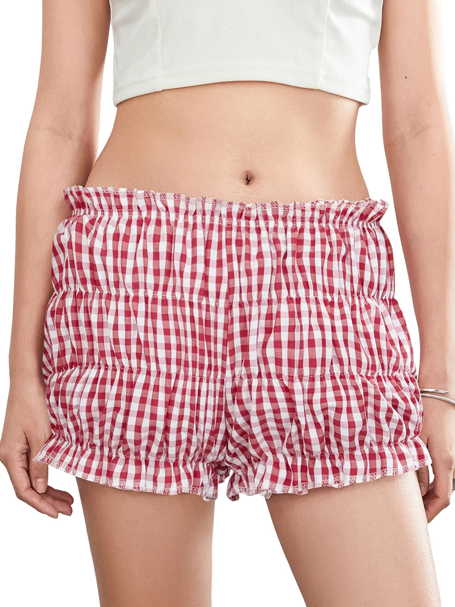 Casual Pyjamabroek Voor Dames Zomer Met Ruches En Strik Plaid Schattige Mini Bloeiers Broek Gingham Boxershort Loungewear