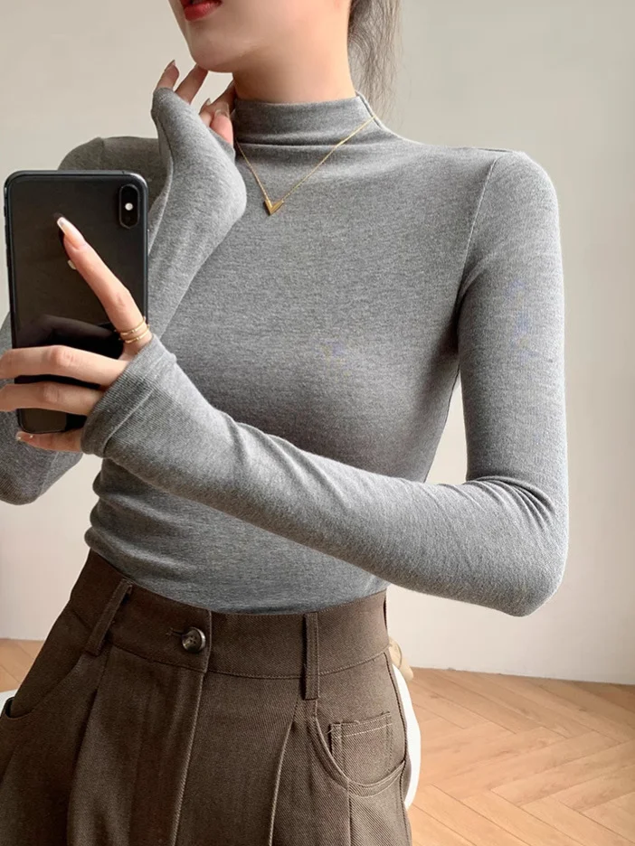 

Long Sleeve T-Shirts Womens Basic Cotton Tops Slim Fit White Breathable Fabric Comfortable Ruffled Hem Fall Daily Commute Casual