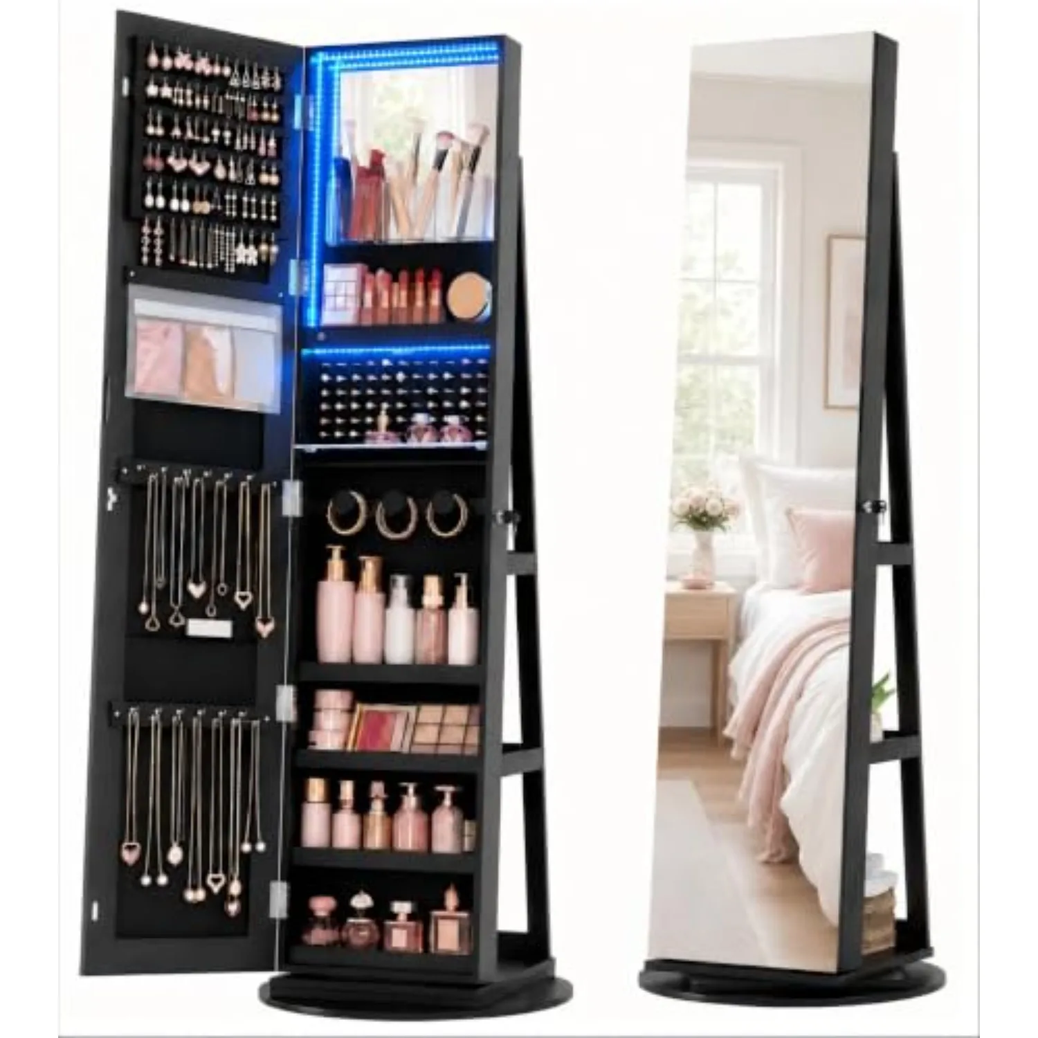 360° Swivel Mirror Jewelry Cabinet, Lockable Jewelry Armoire, Black