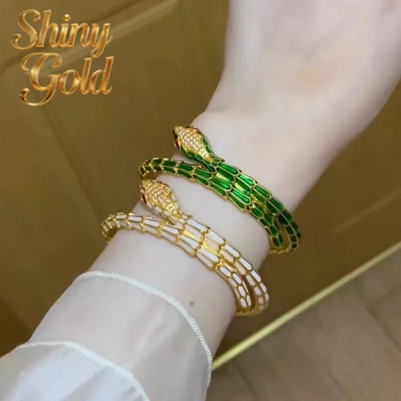 ShinyGold Luxury 24K 9999 Pure Gold Real Gold Women's Fashion High-end White Snake Bracelet Green Snake Bracelet