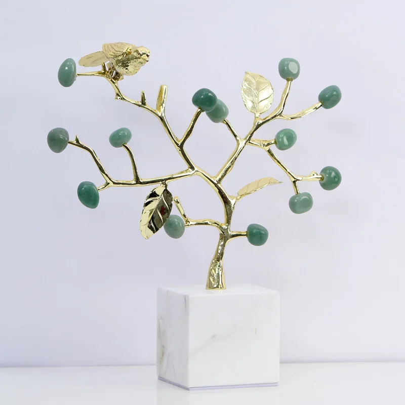 Crystal Tree Golden Bough Amethyst Sculpture Marble Base Simulation Plant Decoration Natural Jade Metal Figurine Home Decor