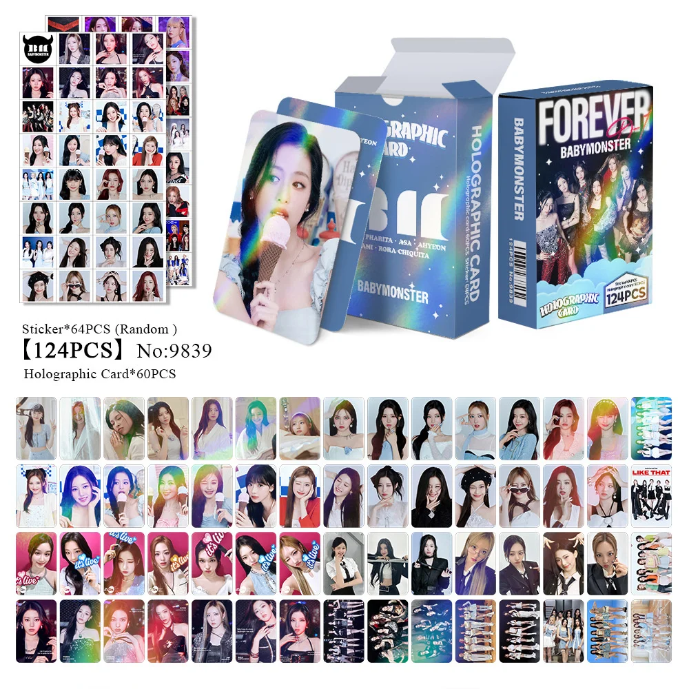 124pcs/Set Kpop BABYMONSTER Forever Laser Card Sticker Boxed Gift High Quality HD Photocard Korean Style LOMO Card Fans Gift