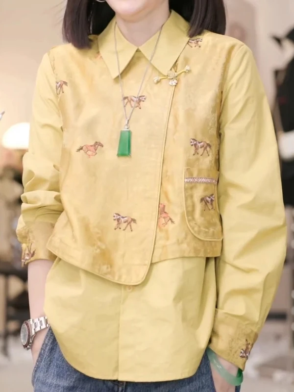 

Spring 2026 Large Size Fashionable Unique Print Women's Shirt Korean Style Loose Fit Long Sleeve Collar Button up Top