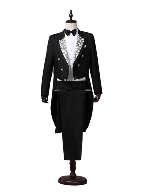 Herenrok Klassiek Modern Wit en Zwart Basic Stijl Herenpak met Slipjas Zanger Goochelaar Podiumjas Outfits