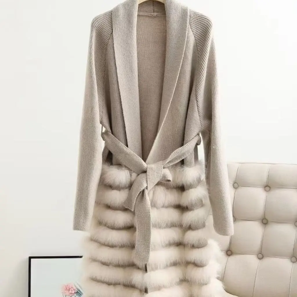 

Women's Real Fox Fur Cardigan Loose Knitwear Lace-Up Casual Autumn Clothing Fashion Upperwear
