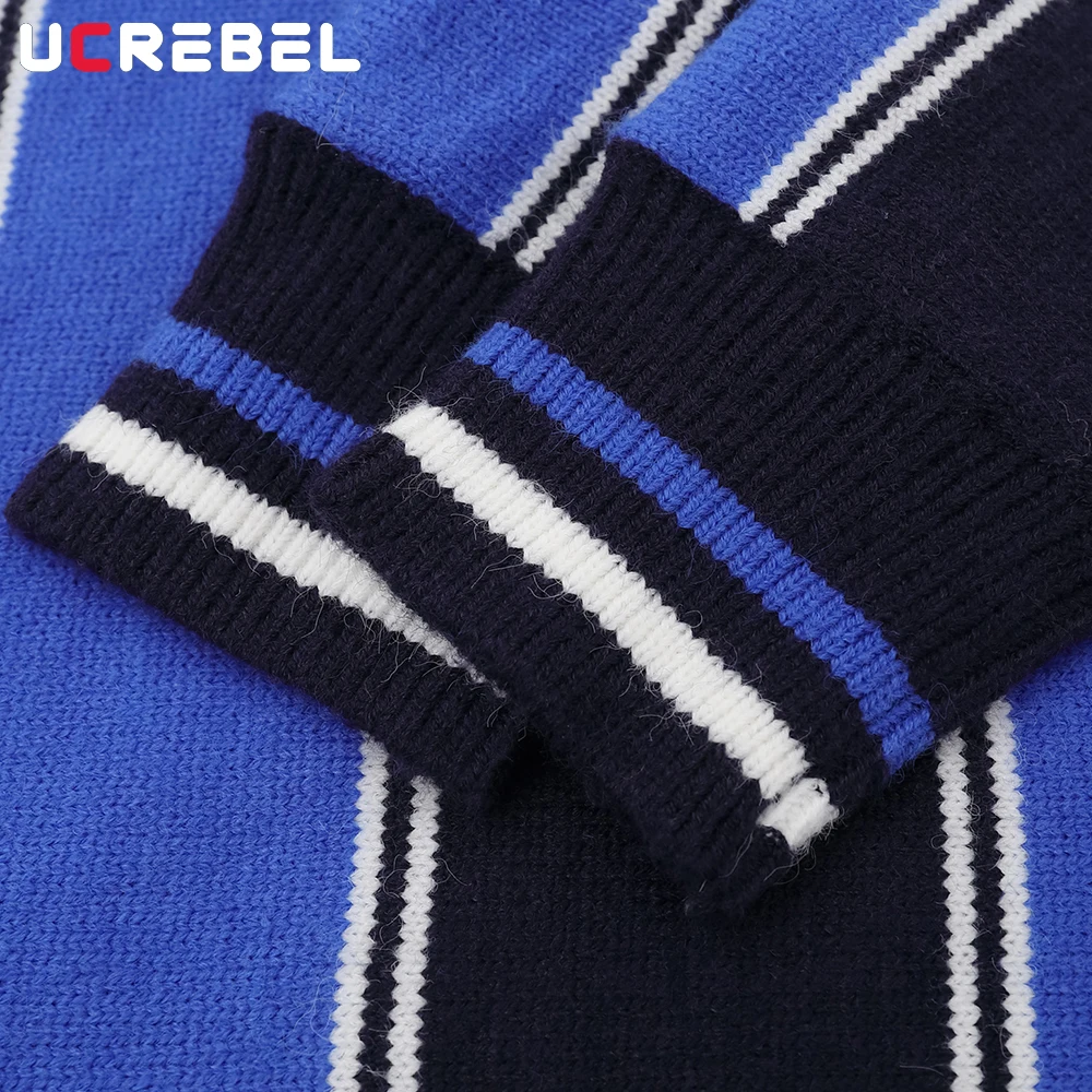 Contrast Striped Sweater Mens Letter Embroidery Autumn Winter High Street Lapel Long Sleeve Knitted Pullover Man