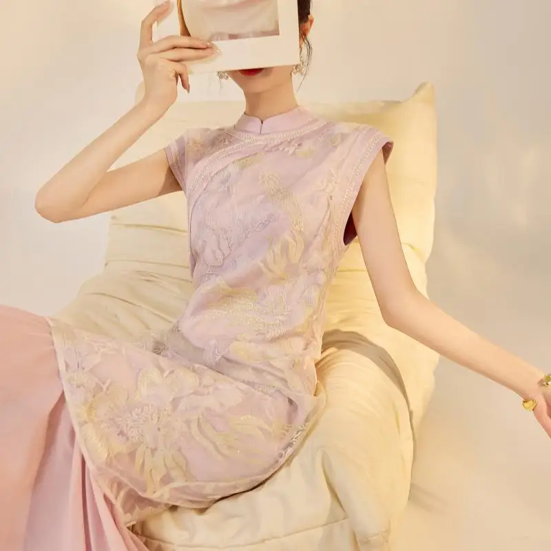 

New Chinese Style Embroider Patchwork Qipao Chinese Princess Dress Women Elegant Banquet Gown Sleeveless Chesongam Vestidos