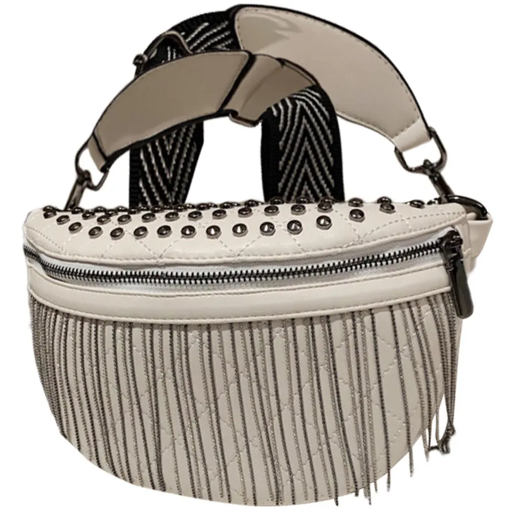 Lightweight Large Capacity Women Crossbody Bag Stylish Rivet Tassel Chest Bag for Travel Shopping Party Outdoor Use Phone Coin