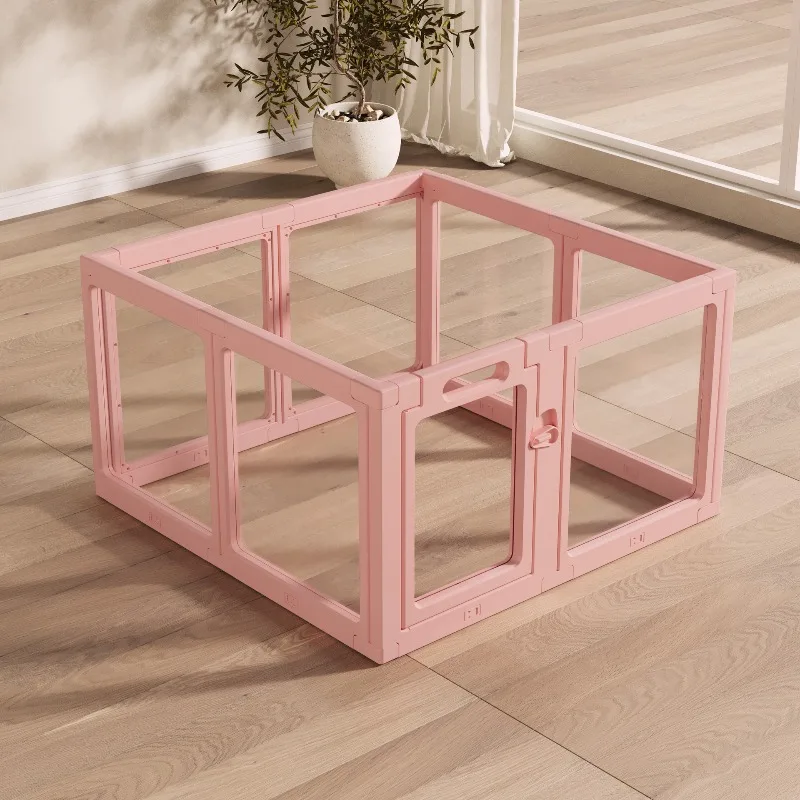 

Adjustable Pet Fence with Transparent Panels Pink Plastic Foldable Dog Playpen with Lockable Door and Clear Panels for Puppies