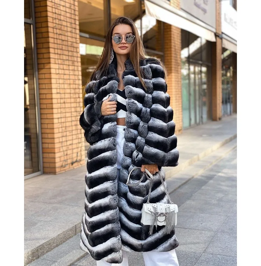 Natural Fur Coat Women Real Rex Rabbit Fur Stand Collar Jacket Chinchilla Colour Winter Warm Coat