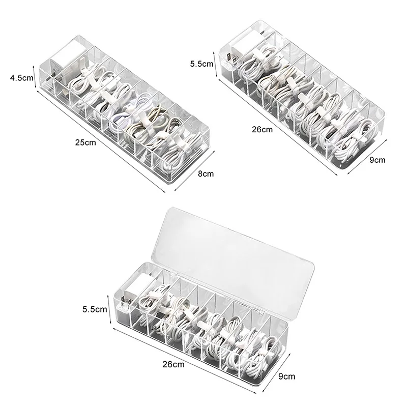 Cable Storage Box Transparent Plastic Data Line Storage Container for Desk Stationery Makeup Organizer, Key and Jewelry Box