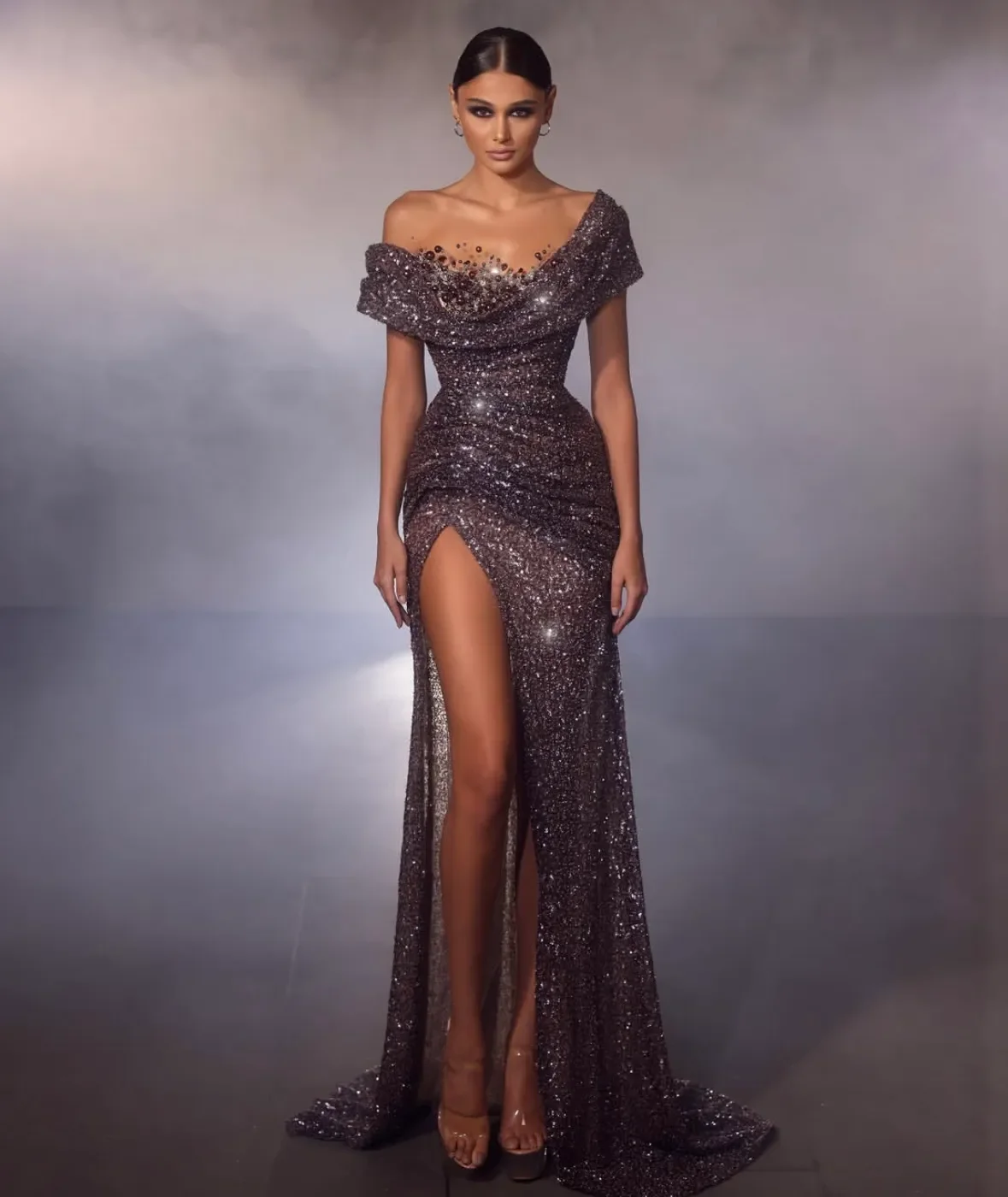 

Customized 2026 Luxurious Sparkling Mermaid Party Evening Dress Off Shoulder Side High Fork Dress Special Occasion Ball Dress