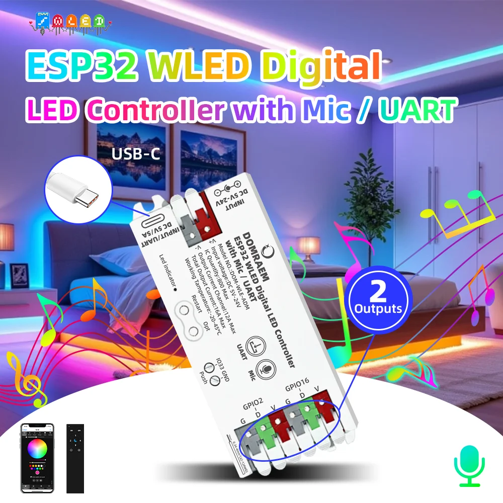 Contrôleur LED numérique DOMRAEM ESP32 WLED avec micro sensible, téléchargement en un clic via UART, déplaceur de niveau, relais à fusible 2 canaux 16A, port USB-C, compatible avec WS2811, WS2812B, WS2813, WS2814, WS2815, WS2805, SK6812 et autres lumières LED pixel, commande vocale Home Assistant