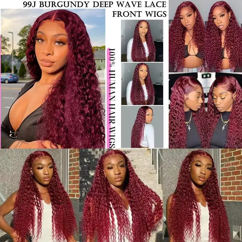 99j Deep Wave Lace Front Hair Wigs 250% 13x6 HD Lace Frontal Human Hair Wigs Burgundy Red Lace Wigs Pre Plucked Natural Hairline view 5