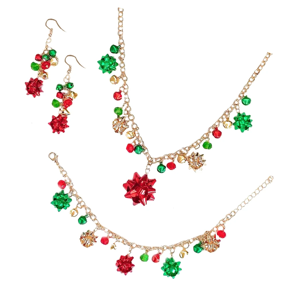 

Christmas Necklace Set Earrings Gift One Piece Chain Iron Sheets Flower Bell Pendant Lid Christmas Jewelry Ear nament