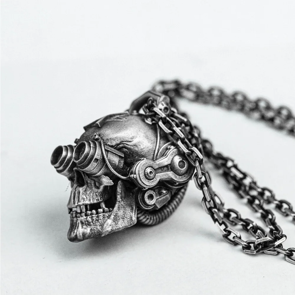 Machinery Cyberpunk Style Stainless Steel Retro Silver Color Skull Necklace Wearing Binoculars Men's Rock Hip Hop Punk Necklace