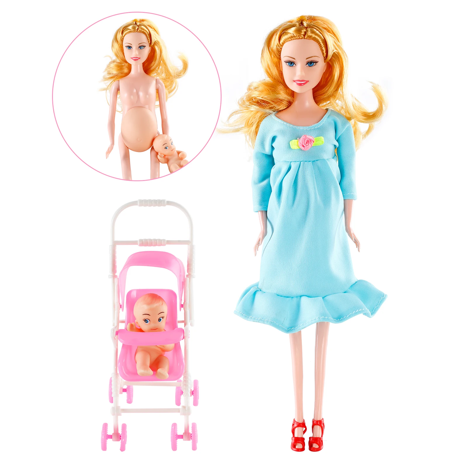 Pregnant Doll Have A Baby In Her Tummy Mom Doll With Baby Doll Trolley For Barbie Doll Child Educational Toy Pregnant Doll Suit