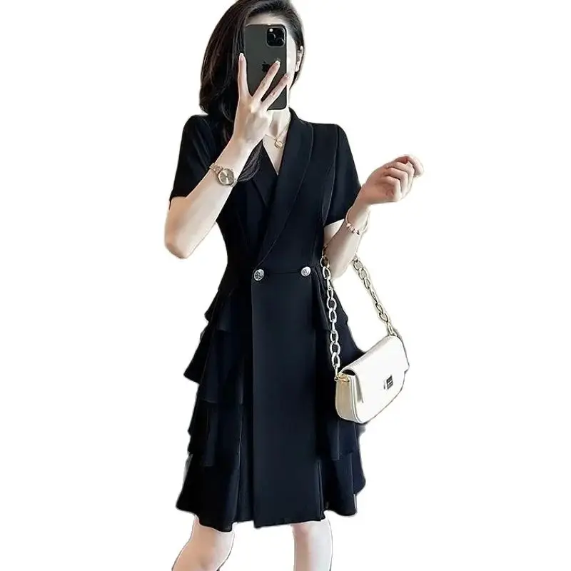 Hepburn Wind Suit Collar Dress Women Summer 2024 New Fashion The Waist Pure Colour Mid-Long A Word Dresss Temperament Female