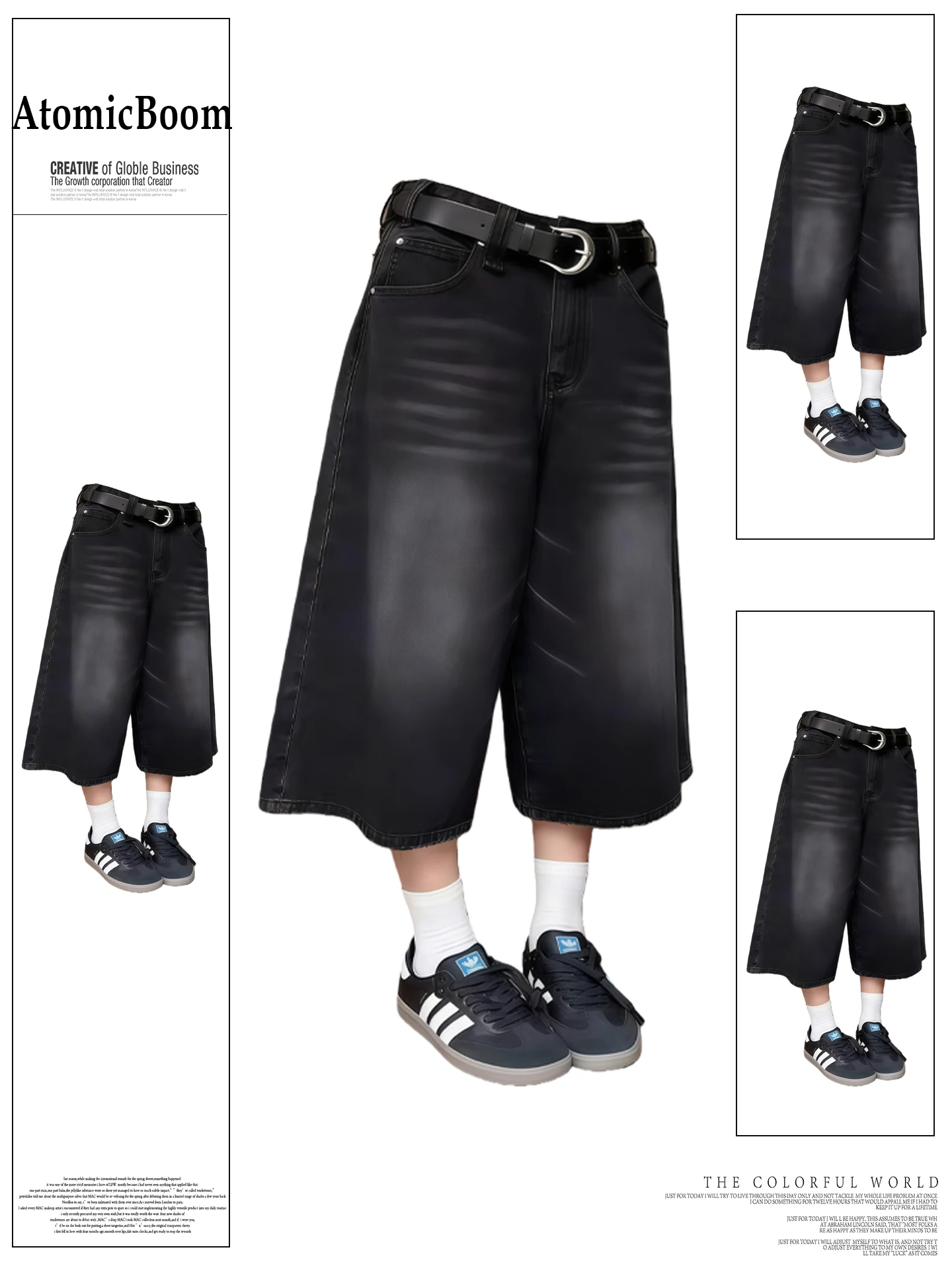 

American Style Vintage Faded Black Denim Seven-Foot Pants Women's Spring Summer New Loose Wide Leg Short Pants Casual Wear