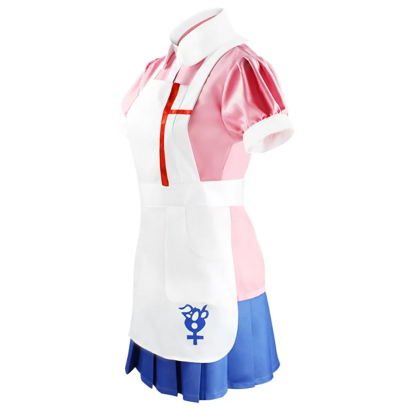 Game Mikan Tsumiki Cosplay Costume Pink Shirt Blue Skirt White Apron Full Set for Women Role Play Outfit Theme Party view 3